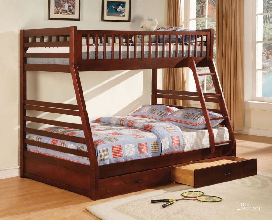 The appearance of California II Cherry 2 Drawer Twin Over Full Bunk Bed designed by Furniture of America in the transitional interior design. This cherry piece of furniture  was selected by 1StopBedrooms from California Collection to add a touch of cosiness and style into your home. Sku: CM-BK601CH-1;CM-BK601CH-2. Bed Type: Bunk Bed. Material: Wood. Product Type: Bunk Bed. Bed Size: Twin Over Full.