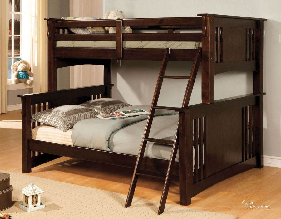 The appearance of Spring Creek Dark Walnut Twin Over Full Bunk Bed designed by Furniture of America in the modern / contemporary interior design. This brown piece of furniture  was selected by 1StopBedrooms from Spring Collection to add a touch of cosiness and style into your home. Sku: CM-BK602F-EXP-1;CM-BK602F-EXP-2. Bed Type: Bunk Bed. Material: Wood. Product Type: Bunk Bed. Bed Size: Twin Over Full.