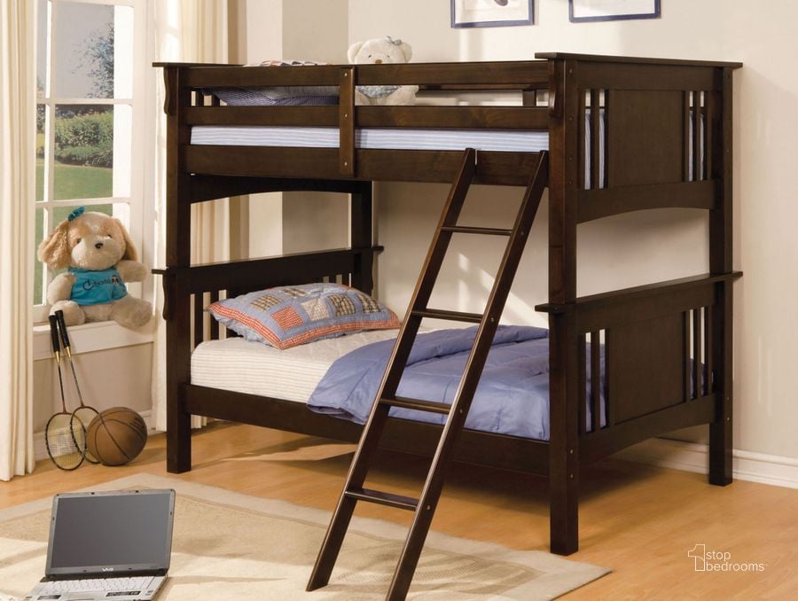 The appearance of Spring Creek Dark Walnut Twin Over Twin Bunk Bed designed by Furniture of America in the modern / contemporary interior design. This brown piece of furniture  was selected by 1StopBedrooms from Spring Collection to add a touch of cosiness and style into your home. Sku: CM-BK602T-EXP-1;CM-BK602T-EXP-2. Bed Type: Bunk Bed. Material: Wood. Product Type: Bunk Bed. Bed Size: Twin Over Twin.