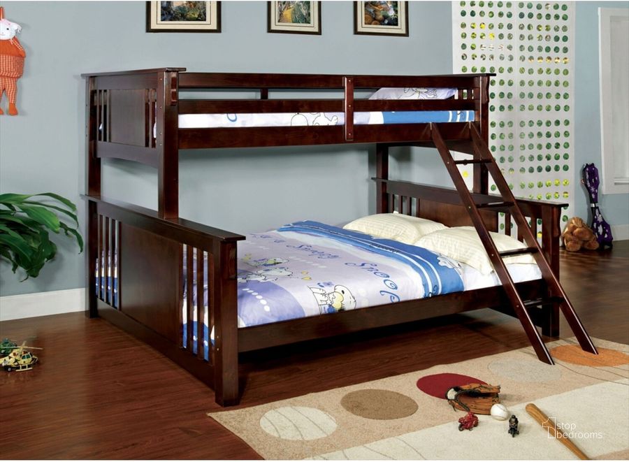 The appearance of Spring Creek Dark Walnut Extra Large Twin Over Queen Bunk Bed designed by Furniture of America in the modern / contemporary interior design. This brown piece of furniture  was selected by 1StopBedrooms from Spring Collection to add a touch of cosiness and style into your home. Sku: CM-BK604-1;CM-BK604-2. Bed Type: Bunk Bed. Product Type: Bunk Bed. Bed Size: Twin Over Queen.