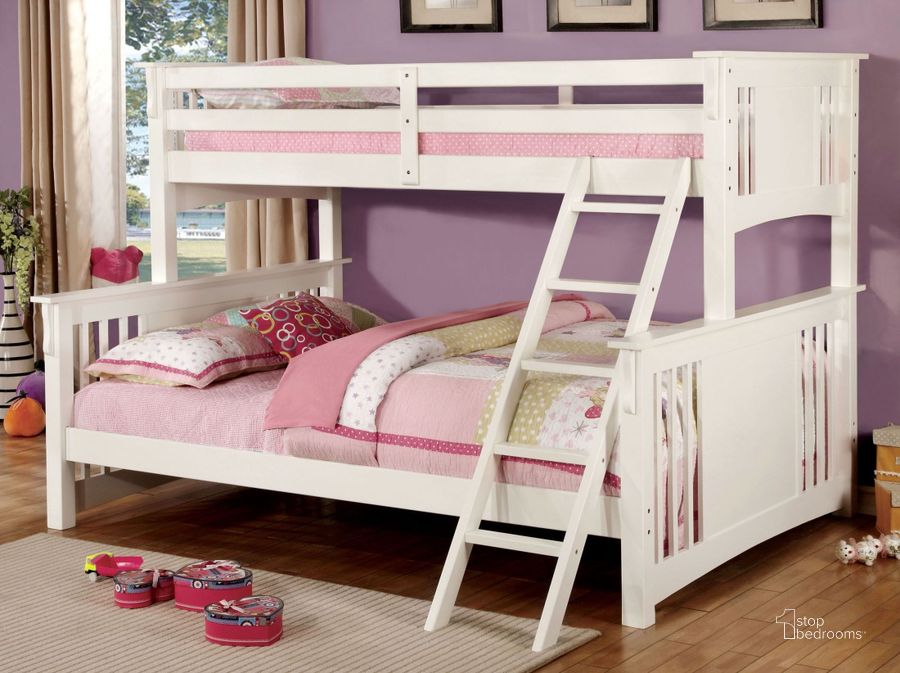 The appearance of Spring Creek White Twin Extra Large Twin Over Queen Bunk Bed designed by Furniture of America in the modern / contemporary interior design. This white piece of furniture  was selected by 1StopBedrooms from Spring Collection to add a touch of cosiness and style into your home. Sku: CM-BK604WH-1;CM-BK604WH-2. Bed Type: Bunk Bed. Material: Wood. Product Type: Bunk Bed. Bed Size: Twin Over Queen.