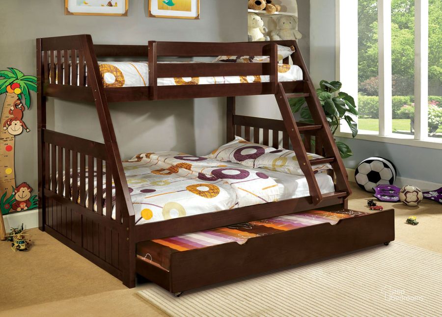 The appearance of Canberra Dark Walnut Twin Over Full Bunk Bed designed by Furniture of America in the modern / contemporary interior design. This dark walnut piece of furniture  was selected by 1StopBedrooms from Canberra Collection to add a touch of cosiness and style into your home. Sku: CM-BK605EX-1;CM-BK605EX-2;CM-BK605EX-3;CM-BK605EX-4;CM-BK605EX-5. Bed Type: Bunk Bed. Material: Wood. Product Type: Bunk Bed. Bed Size: Twin Over Full.