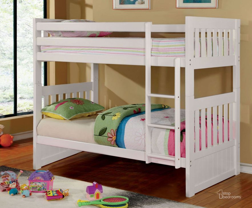The appearance of Canberra II White Twin Over Full Bunk Bed designed by Furniture of America in the modern / contemporary interior design. This white piece of furniture  was selected by 1StopBedrooms from Canberra Collection to add a touch of cosiness and style into your home. Sku: CM-BK607WH-1;CM-BK607WH-2;CM-BK607WH-3;CM-BK607WH-4;CM-BK607WH-5. Bed Type: Bunk Bed. Material: Wood. Product Type: Bunk Bed. Bed Size: Twin Over Full.