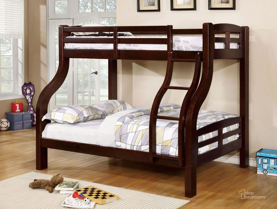 The appearance of Solpine Dark Walnut Twin Over Full Bunk Bed designed by Furniture of America in the transitional interior design. This dark walnut piece of furniture  was selected by 1StopBedrooms from Solpine Collection to add a touch of cosiness and style into your home. Sku: CM-BK618EX-1;CM-BK618EX-2. Bed Type: Bunk Bed. Material: Wood. Product Type: Bunk Bed. Bed Size: Twin Over Full.