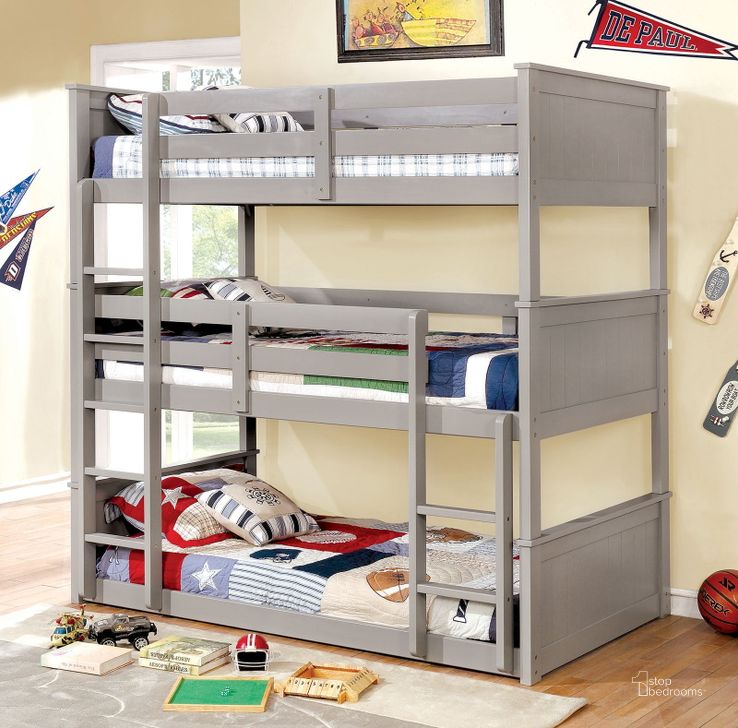 The appearance of Therese Gray Twin Bunk Bed designed by Furniture of America in the transitional interior design. This gray piece of furniture  was selected by 1StopBedrooms from Therese Collection to add a touch of cosiness and style into your home. Sku: CM-BK628GY-T-1;CM-BK628GY-T-2;CM-BK628GY-T-3;CM-BK628GY-T-4;CM-BK628GY-T-5. Bed Type: Bunk Bed. Material: Wood. Product Type: Bunk Bed. Bed Size: Twin.