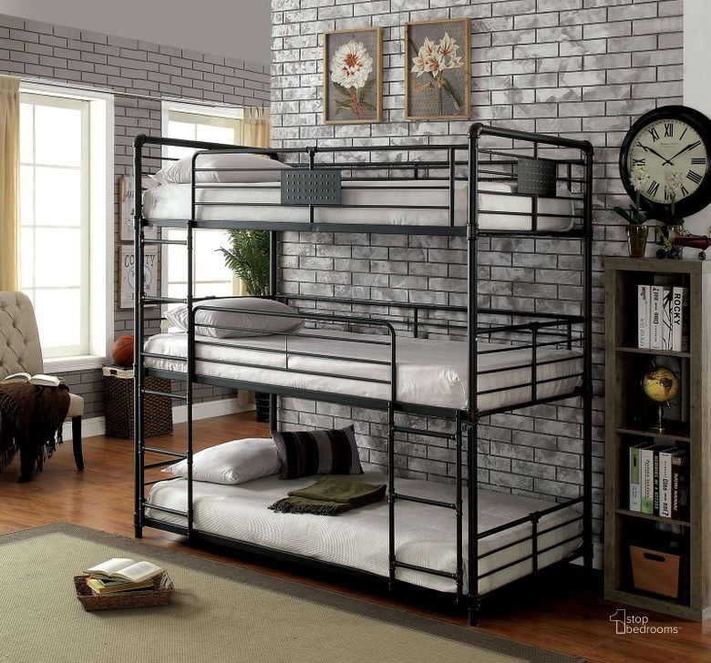 The appearance of Olga I Sand Black Twin Over Twin Bunk Bed designed by Furniture of America in the transitional interior design. This black piece of furniture  was selected by 1StopBedrooms from Olga I Collection to add a touch of cosiness and style into your home. Sku: CM-BK912-1;CM-BK912-2. Bed Type: Bunk Bed. Material: Metal. Product Type: Bunk Bed. Bed Size: Twin Over Twin.