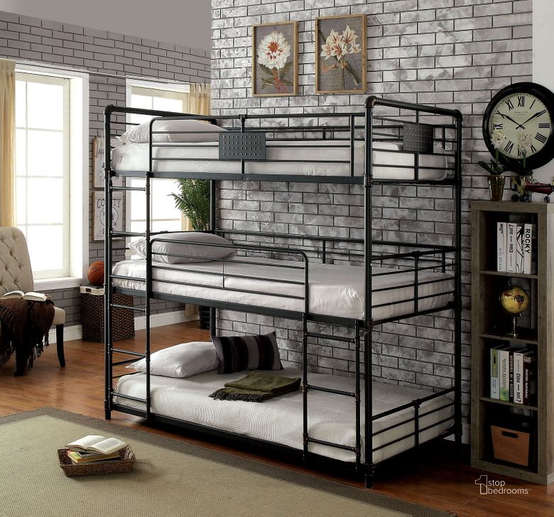 The appearance of Olga I Sand Black Full Over Full Bunk Bed designed by Furniture of America in the transitional interior design. This black piece of furniture  was selected by 1StopBedrooms from Olga I Collection to add a touch of cosiness and style into your home. Sku: CM-BK912F-1;CM-BK912F-2. Bed Type: Bunk Bed. Material: Metal. Product Type: Bunk Bed. Bed Size: Full Over Full.