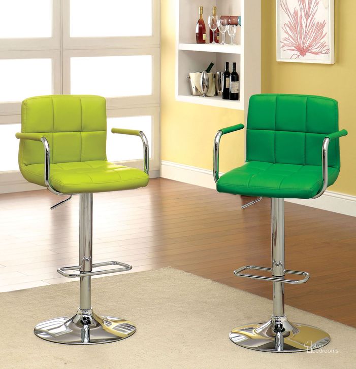 The appearance of Corfu Green Leatherette Bar Stool designed by Furniture of America in the modern / contemporary interior design. This green piece of furniture  was selected by 1StopBedrooms from Corfu Collection to add a touch of cosiness and style into your home. Sku: CM-BR6917GR. Product Type: Barstool. Material: Vinyl.