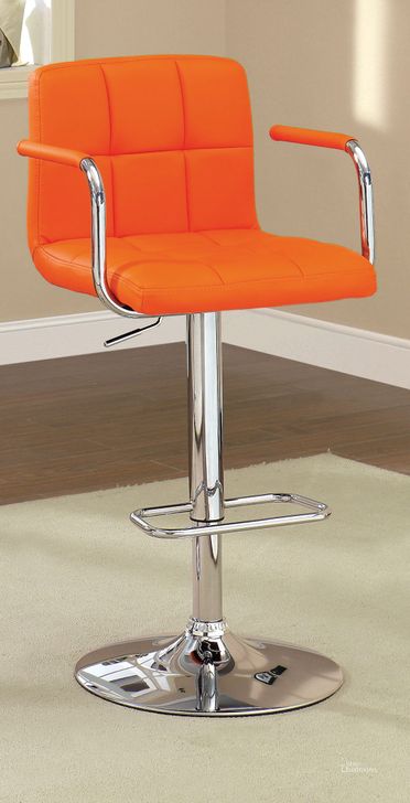 The appearance of Corfu Orange Leatherette Bar Stool designed by Furniture of America in the modern / contemporary interior design. This orange piece of furniture  was selected by 1StopBedrooms from Corfu Collection to add a touch of cosiness and style into your home. Sku: CM-BR6917OR. Product Type: Barstool. Material: Vinyl. Image1