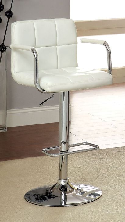 The appearance of Corfu White Leatherette Bar Stool designed by Furniture of America in the modern / contemporary interior design. This white piece of furniture  was selected by 1StopBedrooms from Corfu Collection to add a touch of cosiness and style into your home. Sku: CM-BR6917WH. Product Type: Barstool. Material: Vinyl. Image1