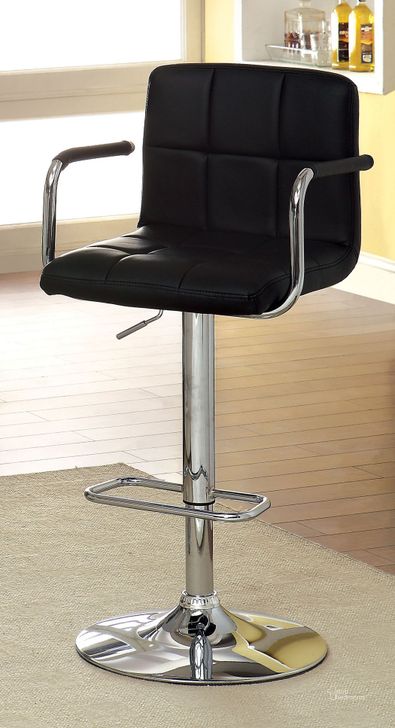 The appearance of Corfu Black Leatherette Padded Armrests Bar Stool designed by Furniture of America in the modern / contemporary interior design. This black piece of furniture  was selected by 1StopBedrooms from Corfu Collection to add a touch of cosiness and style into your home. Sku: CM-BR6917BK. Product Type: Barstool. Material: Vinyl. Image1