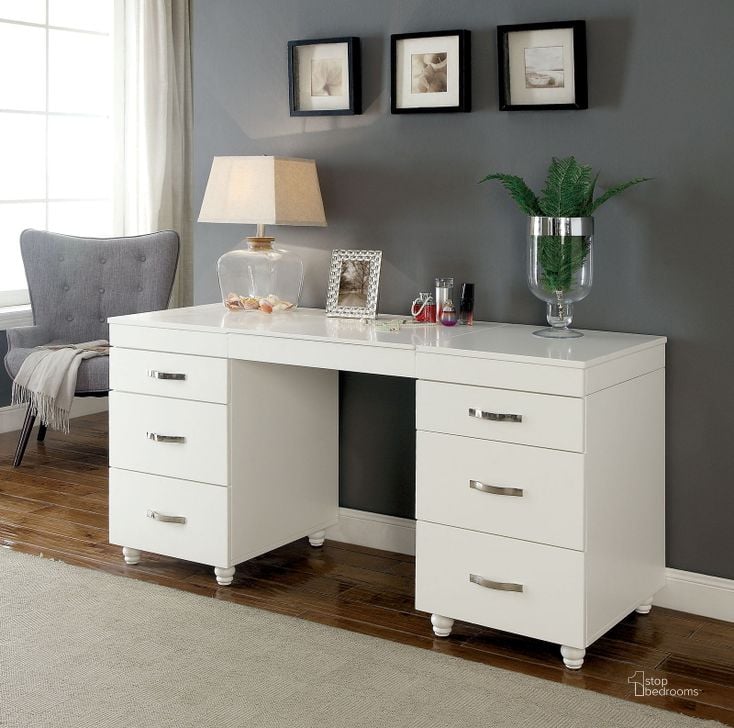 The appearance of Verviers White Desk designed by Furniture of America in the modern / contemporary interior design. This white piece of furniture  was selected by 1StopBedrooms from Verviers Collection to add a touch of cosiness and style into your home. Sku: CM-DK6103-T;CM-DK6103-B. Material: Wood. Product Type: Writing Desk. Image1