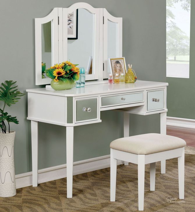 The appearance of Clarisse White Vanity With Stool designed by Furniture of America in the modern / contemporary interior design. This white piece of furniture  was selected by 1StopBedrooms from Clarisse Collection to add a touch of cosiness and style into your home. Sku: CM-DK6148WH. Material: Fabric. Product Type: Vanity Set. Image1