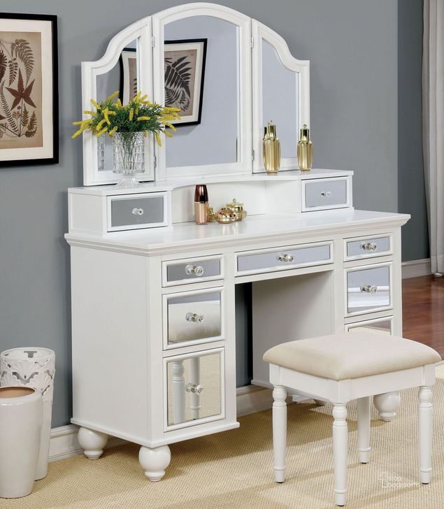 The appearance of Tracy White Vanity With Stool designed by Furniture of America in the modern / contemporary interior design. This white piece of furniture  was selected by 1StopBedrooms from Tracy Collection to add a touch of cosiness and style into your home. Sku: CM-DK6162WH. Material: Wood. Product Type: Vanity Set. Image1