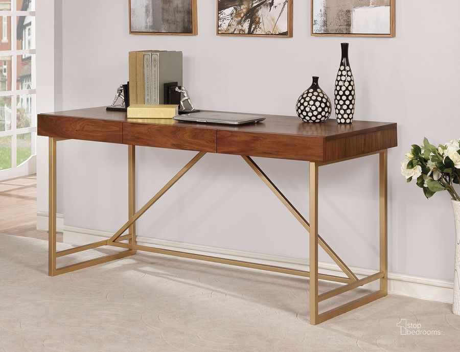 The appearance of Halstein Light Walnut and Gold Desk designed by Furniture of America in the modern / contemporary interior design. This gold piece of furniture  was selected by 1StopBedrooms from Halstein Collection to add a touch of cosiness and style into your home. Sku: CM-DK6447. Material: Wood. Product Type: Writing Desk. Image1
