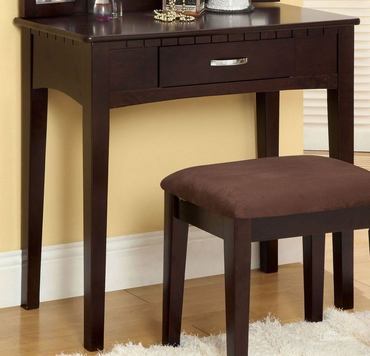 The appearance of Potterville Espresso Vanity Table designed by Furniture of America in the modern / contemporary interior design. This brown piece of furniture  was selected by 1StopBedrooms from Potterville Collection to add a touch of cosiness and style into your home. Sku: CM-DK6490EXP. Material: Wood. Product Type: Vanity Desk.