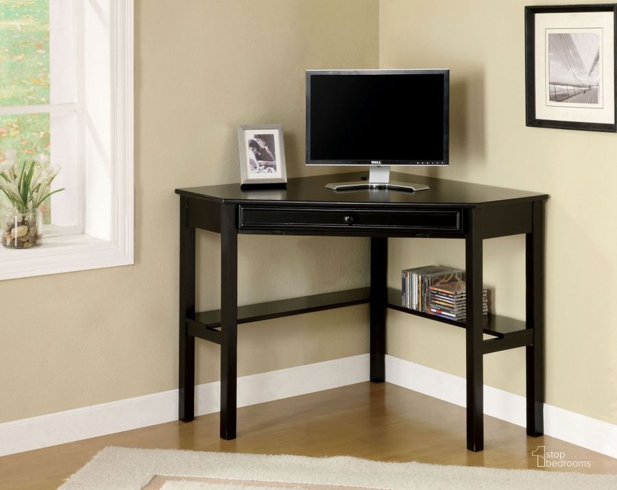 The appearance of Porto Black Corner Desk designed by Furniture of America in the transitional interior design. This black piece of furniture  was selected by 1StopBedrooms from Porto Collection to add a touch of cosiness and style into your home. Sku: CM-DK6643. Material: Metal. Product Type: Corner Desk. Image1