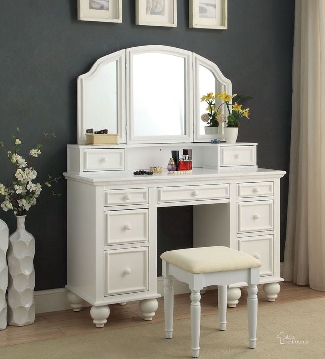 The appearance of Athy White Vanity With Stool designed by Furniture of America in the transitional interior design. This white piece of furniture  was selected by 1StopBedrooms from Athy Collection to add a touch of cosiness and style into your home. Sku: CM-DK6848WH. Material: Wood. Product Type: Vanity Set. Image1