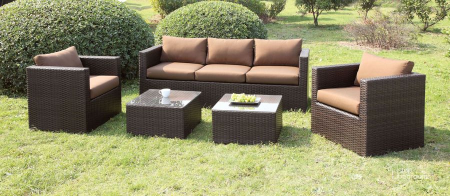 The appearance of Olina Brown 5 Piece Patio Set designed by Furniture of America in the modern / contemporary interior design. This brown piece of furniture  was selected by 1StopBedrooms from Olina Collection to add a touch of cosiness and style into your home. Sku: CM-OS1820BR. Material: Weave. Product Type: Outdoor Conversation Set. Image1