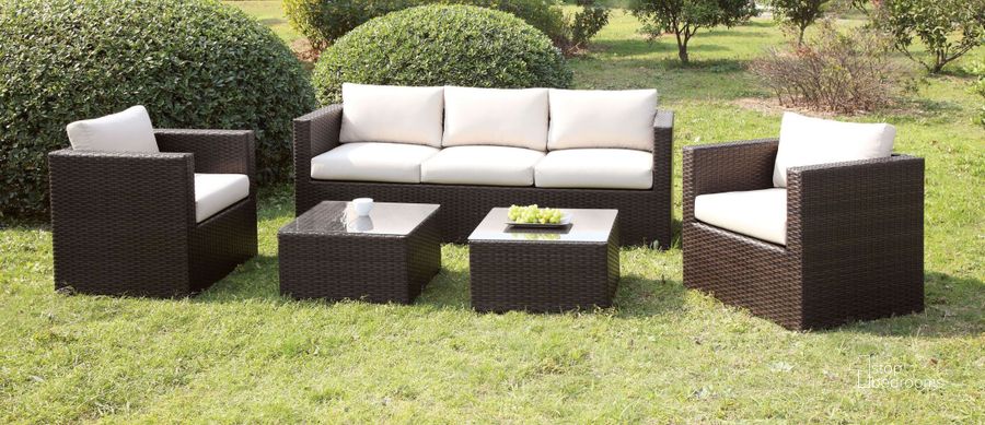 The appearance of Olina Ivory 5 Piece Patio Set designed by Furniture of America in the modern / contemporary interior design. This beige piece of furniture  was selected by 1StopBedrooms from Olina Collection to add a touch of cosiness and style into your home. Sku: CM-OS1820IV. Material: Weave. Product Type: Outdoor Conversation Set. Image1