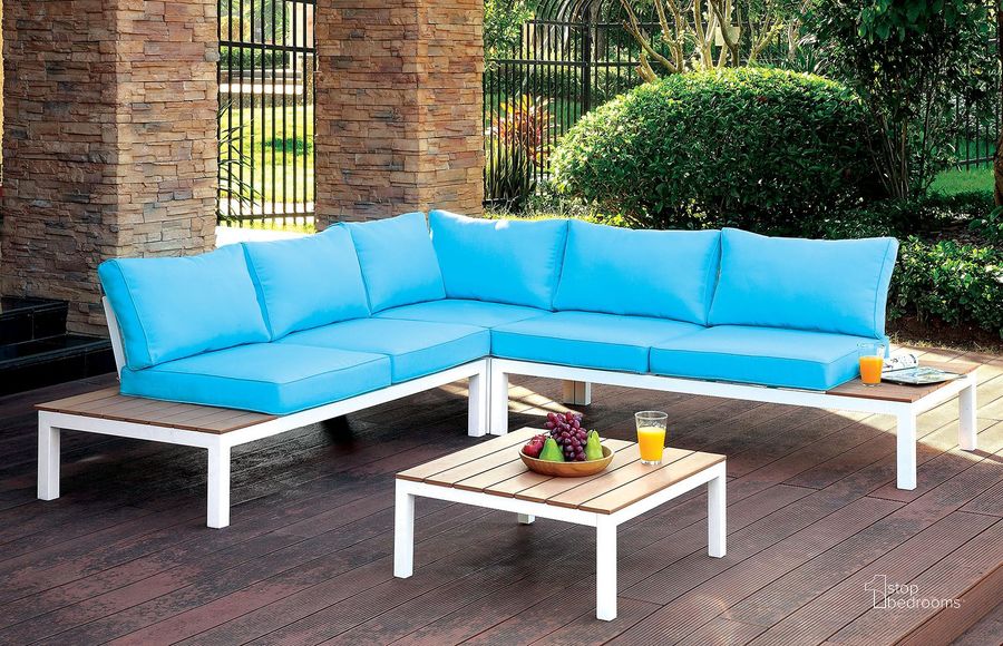 The appearance of Winona Blue and White Patio Sectional With Ottoman designed by Furniture of America in the modern / contemporary interior design. This white and brown piece of furniture  was selected by 1StopBedrooms from Winona Collection to add a touch of cosiness and style into your home. Sku: CM-OS2580-1;CM-OS2580-2. Product Type: Outdoor Sectional. Material: Wicker. Image1