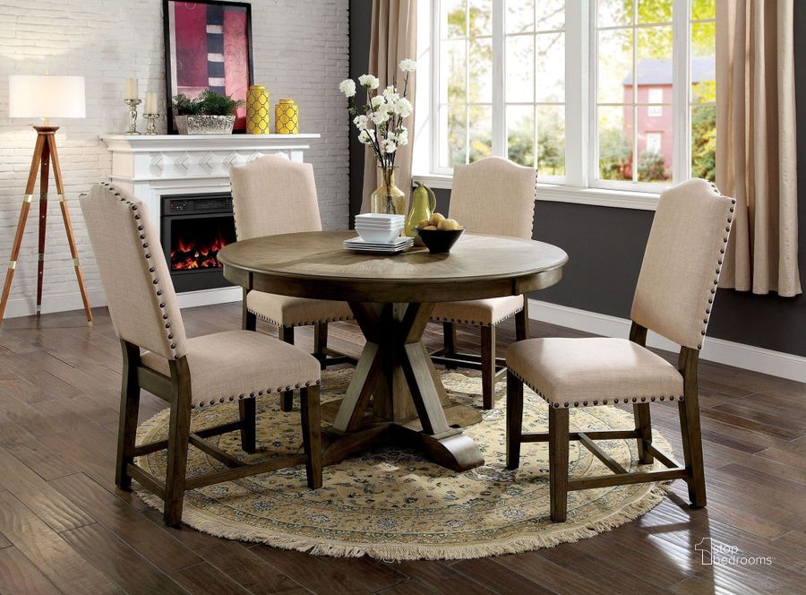 The appearance of Julia Light Oak Round Dining Room Set designed by Furniture of America in the transitional interior design. This gray piece of furniture  was selected by 1StopBedrooms from Julia Collection to add a touch of cosiness and style into your home. Sku: CM3014RT;CM3014SC-2PK. Table Base Style: Trestle. Table Top Shape: Round. Material: Wood. Product Type: Dining Room Set. Size: 54". Image1
