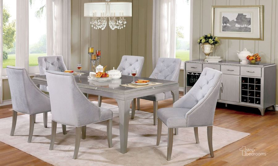 The appearance of Diocles Silver Rectangular Dining Room Set designed by Furniture of America in the modern / contemporary interior design. This silver piece of furniture  was selected by 1StopBedrooms from Diocles Collection to add a touch of cosiness and style into your home. Sku: CM3020T;CM3020SC-2PK. Table Base Style: Legs. Material: Glass. Product Type: Dining Room Set. Table Top Shape: Rectangular. Image1