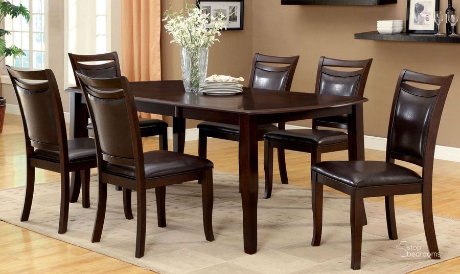 The appearance of Woodside Dark Cherry Rectangular Extendable Leg Dining Room Set designed by Furniture of America in the modern / contemporary interior design. This brown piece of furniture  was selected by 1StopBedrooms from Woodside Collection to add a touch of cosiness and style into your home. Sku: CM3024T;CM3024SC-2PK. Material: Wood. Product Type: Dining Room Set. Table Top Shape: Rectangular. Image1