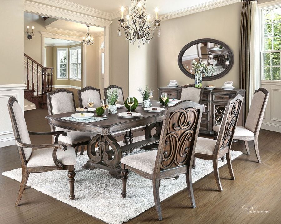 The appearance of Arcadia Rustic Natural Tone Extendable Rectangular Dining Room Set designed by Furniture of America in the transitional interior design. This brown piece of furniture  was selected by 1StopBedrooms from Arcadia Collection to add a touch of cosiness and style into your home. Sku: CM3150T-1;CM3150T-2;CM3150SC-2PK. Table Base Style: Trestle. Material: Wood. Product Type: Dining Room Set. Table Top Shape: Rectangular. Image1