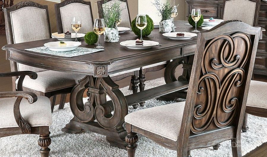 The appearance of Arcadia Rustic Natural Tone Extendable Rectangular Dining Table designed by Furniture of America in the transitional interior design. This brown piece of furniture  was selected by 1StopBedrooms from Arcadia Collection to add a touch of cosiness and style into your home. Sku: CM3150T-1;CM3150T-2. Table Base Style: Trestle. Material: Wood. Product Type: Dining Table. Table Top Shape: Rectangular. Image1