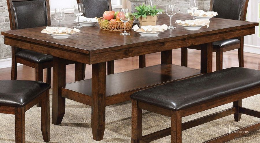 The appearance of Meagan I Brown Cherry Rectangular Dining Table designed by Furniture of America in the transitional interior design. This brown piece of furniture  was selected by 1StopBedrooms from Meagan Collection to add a touch of cosiness and style into your home. Sku: CM3152T. Table Base Style: Trestle. Material: Wood. Product Type: Dining Table. Table Top Shape: Rectangular. Image1