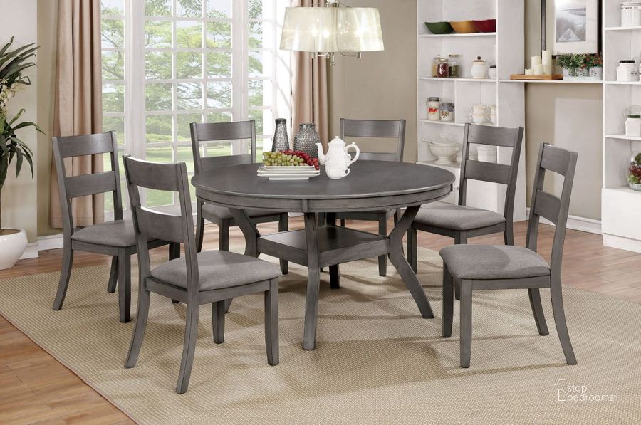 The appearance of Juniper Gray Round Dining Room Set designed by Furniture of America in the transitional interior design. This gray piece of furniture  was selected by 1StopBedrooms from Juniper Collection to add a touch of cosiness and style into your home. Sku: CM3162RT;CM3162SC-2PK. Table Base Style: Pedestal. Table Top Shape: Round. Material: Wood. Product Type: Dining Room Set. Image1