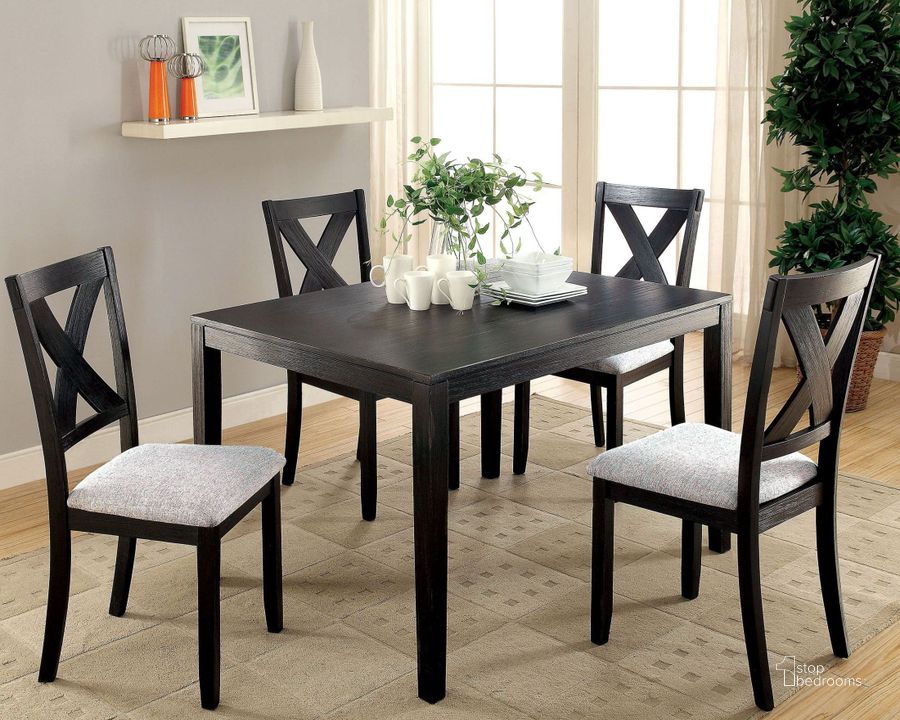 The appearance of Glenham Distressed Black 5 Piece Dining Set designed by Furniture of America in the transitional interior design. This black piece of furniture  was selected by 1StopBedrooms from Glenham Collection to add a touch of cosiness and style into your home. Sku: CM3175T-5PK. Material: Wood. Product Type: Dining Room Set. Table Top Shape: Rectangular. Image1