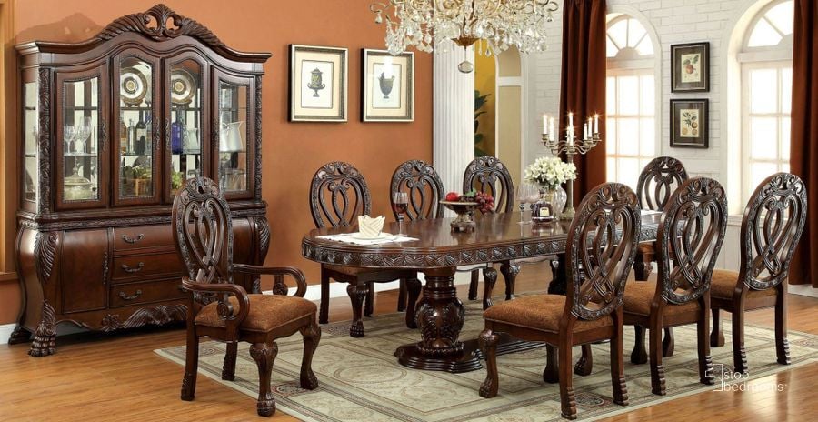 The appearance of Wyndmere Cherry Oval Extendable Pedestal Dining Room Set designed by Furniture of America in the traditional interior design. This brown piece of furniture  was selected by 1StopBedrooms from Wyndmere Collection to add a touch of cosiness and style into your home. Sku: CM3186CH-T-1;CM3186CH-T-2;CM3186CH-T-3;CM3186CH-SC-2PK. Table Top Shape: Oval. Material: Wood. Product Type: Dining Room Set. Image1