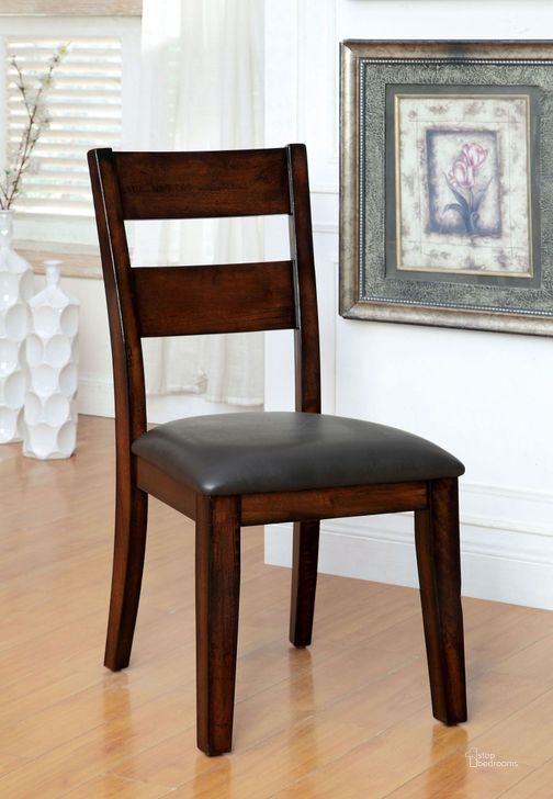 The appearance of Dickinson I Dark Cherry Leatherette Side Chair Set of 2 designed by Furniture of America in the transitional interior design. This brown piece of furniture  was selected by 1StopBedrooms from Dickinson Collection to add a touch of cosiness and style into your home. Sku: CM3187SC-2PK. Product Type: Side Chair. Material: Vinyl. Image1