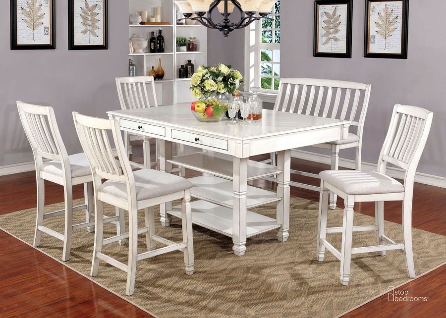 The appearance of Kaliyah Antique White Counter Height Dining Room Set designed by Furniture of America in the transitional interior design. This white piece of furniture  was selected by 1StopBedrooms from Kaliyah Collection to add a touch of cosiness and style into your home. Sku: CM3194PT;CM3194PC-2PK. Material: Wood. Product Type: Dining Room Set. Table Top Shape: Rectangular. Image1