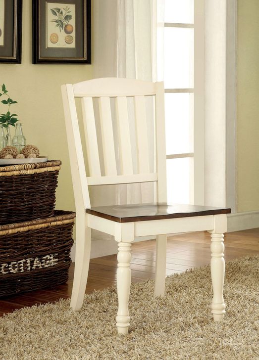 The appearance of Harrisburg Vintage White and Dark Oak Side Chair Set of 2 designed by Furniture of America in the country / farmhouse interior design. This white piece of furniture  was selected by 1StopBedrooms from Harrisburg Collection to add a touch of cosiness and style into your home. Sku: CM3216SC-2PK. Material: Wood. Product Type: Side Chair. Image1