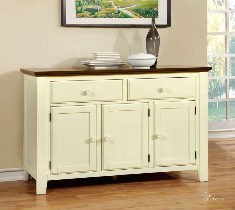 The appearance of Harrisburg Vintage White and Dark Oak Server designed by Furniture of America in the country / farmhouse interior design. This white piece of furniture  was selected by 1StopBedrooms from Harrisburg Collection to add a touch of cosiness and style into your home. Sku: CM3216SV. Material: Wood. Product Type: Server. Image1