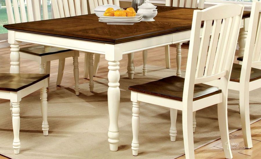 The appearance of Harrisburg Vintage White and Dark Oak Rectangular Extendable Dining Table designed by Furniture of America in the country / farmhouse interior design. This brown piece of furniture  was selected by 1StopBedrooms from Harrisburg Collection to add a touch of cosiness and style into your home. Sku: CM3216T. Table Base Style: Legs. Material: Wood. Product Type: Dining Table. Table Top Shape: Rectangular. Image1