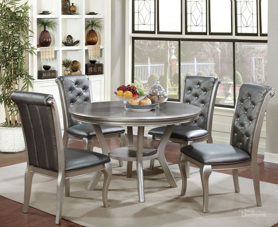 The appearance of Amina Champagne Round Dining Room Set designed by Furniture of America in the modern / contemporary interior design. This champagne piece of furniture  was selected by 1StopBedrooms from Amina Collection to add a touch of cosiness and style into your home. Sku: CM3219RT;CM3219SC-2PK. Table Base Style: Pedestal. Table Top Shape: Round. Material: Wood. Product Type: Dining Room Set. Image1