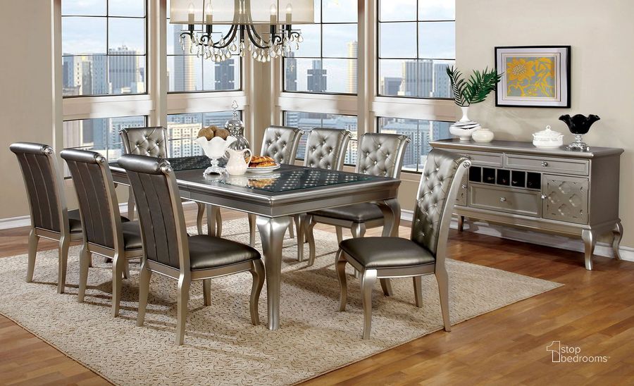 The appearance of Amina Extendable Rectangular Dining Room Set designed by Furniture of America in the modern / contemporary interior design. This champagne piece of furniture  was selected by 1StopBedrooms from Amina Collection to add a touch of cosiness and style into your home. Sku: CM3219T;CM3219SC-2PK. Table Base Style: Legs. Material: Wood. Product Type: Dining Room Set. Table Top Shape: Rectangular. Image1