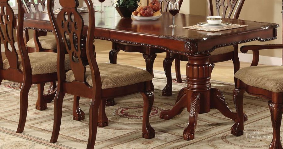 The appearance of George Town Rectangular Double Pedestal Formal Dining Table designed by Furniture of America in the traditional interior design. This brown piece of furniture  was selected by 1StopBedrooms from George Collection to add a touch of cosiness and style into your home. Sku: CM3222T-T;CM3222T-B. Material: Wood. Product Type: Pedestal Table. Table Top Shape: Rectangular. Image1