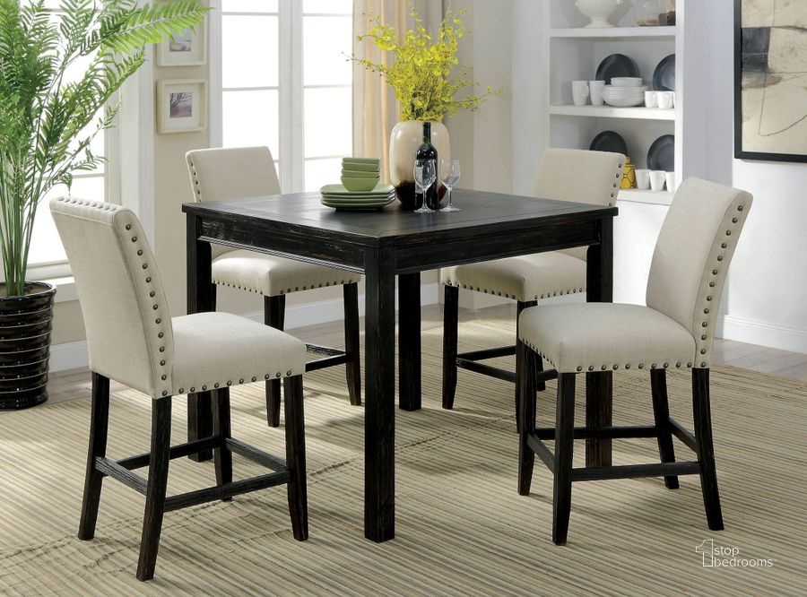 The appearance of Kristie Antique Black Counter Height Dining Table Set designed by Furniture of America in the transitional interior design. This black piece of furniture  was selected by 1StopBedrooms from Kristie Collection to add a touch of cosiness and style into your home. Sku: CM3314PT-5PK. Table Top Shape: Square. Material: Fabric. Product Type: Dining Room Set. Image1