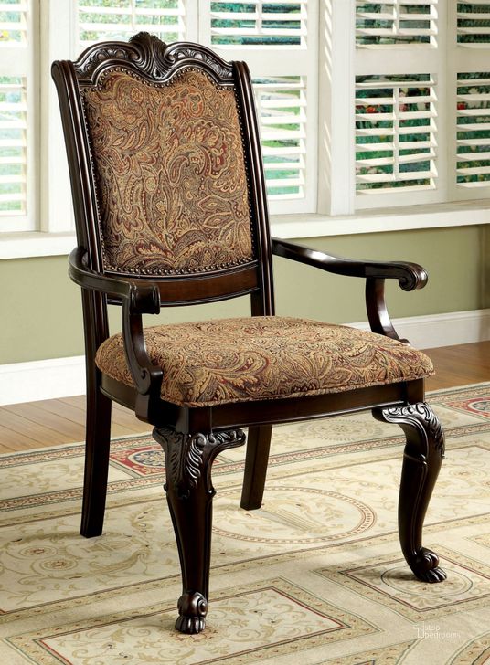 The appearance of Bellagio Brown Cherry Fabric Arm Chair Set of 2 designed by Furniture of America in the traditional interior design. This brown piece of furniture  was selected by 1StopBedrooms from Bellagio Collection to add a touch of cosiness and style into your home. Sku: CM3319F-AC-2PK. Material: Fabric. Product Type: Arm Chair. Image1