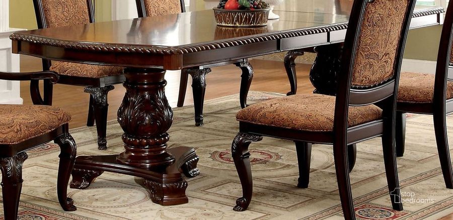 The appearance of Bellagio Brown Cherry Rectangular Extendable Pedestal Dining Table designed by Furniture of America in the traditional interior design. This brown piece of furniture  was selected by 1StopBedrooms from Bellagio Collection to add a touch of cosiness and style into your home. Sku: CM3319T-T;CM3319T-B. Material: Wood. Product Type: Pedestal Table. Table Top Shape: Rectangular. Image1