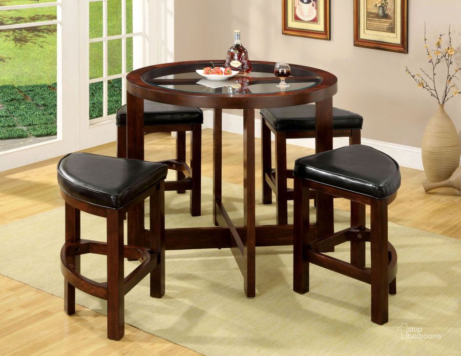 The appearance of Crystal Cove I 5 Piece Glass-Insert Round Counter Height Table Set designed by Furniture of America in the modern / contemporary interior design. This brown piece of furniture  was selected by 1StopBedrooms from Crystal Cove Collection to add a touch of cosiness and style into your home. Sku: CM3321PT-5PK. Material: Glass. Product Type: Dining Room Set. Image1