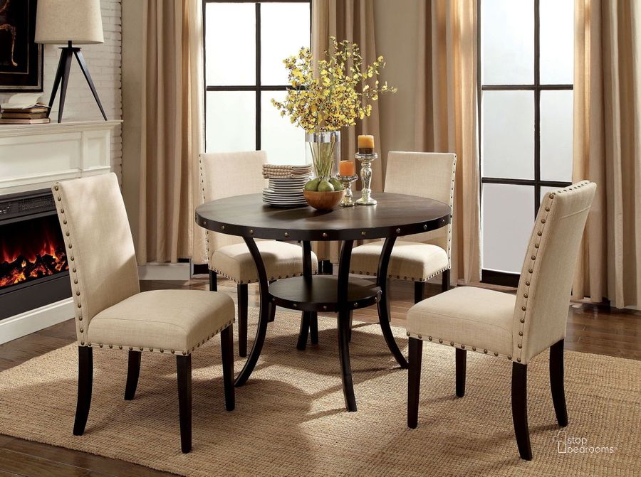 The appearance of Kaitlin Light Walnut Round Dining Room Set designed by Furniture of America in the transitional interior design. This brown piece of furniture  was selected by 1StopBedrooms from Kaitlin Collection to add a touch of cosiness and style into your home. Sku: CM3323RT;CM3323SC-2PK. Table Base Style: Trestle. Table Top Shape: Round. Material: Wood. Product Type: Dining Room Set. Size: 51". Image1