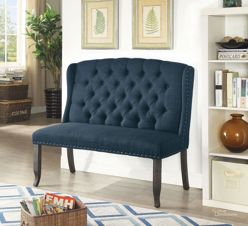The appearance of Sania Iii Blue 2 Seater Loveseat Bench designed by Furniture of America in the transitional interior design. This blue piece of furniture  was selected by 1StopBedrooms from Sania Iii Collection to add a touch of cosiness and style into your home. Sku: CM3324BK-BL-BN. Material: Fabric. Product Type: Loveseat. Key Features: Tufted. Image1