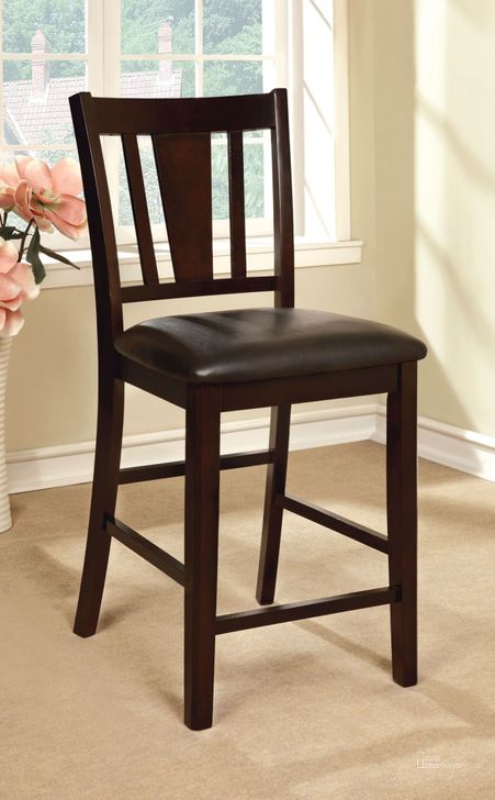 The appearance of Bridgette II Espresso Leatherette Counter Height Chair Set of 2 designed by Furniture of America in the transitional interior design. This brown piece of furniture  was selected by 1StopBedrooms from Bridgette Collection to add a touch of cosiness and style into your home. Sku: CM3325PC-2PK. Product Type: Barstool. Material: Vinyl. Image1