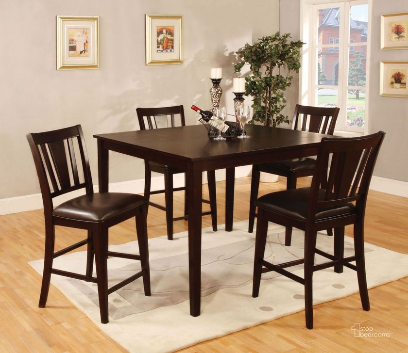 The appearance of Bridgette II 5 Piece Square Counter Height Table Set designed by Furniture of America in the transitional interior design. This brown piece of furniture  was selected by 1StopBedrooms from Bridgette Collection to add a touch of cosiness and style into your home. Sku: CM3325PT-5PK. Table Top Shape: Square. Material: Wood. Product Type: Dining Room Set.